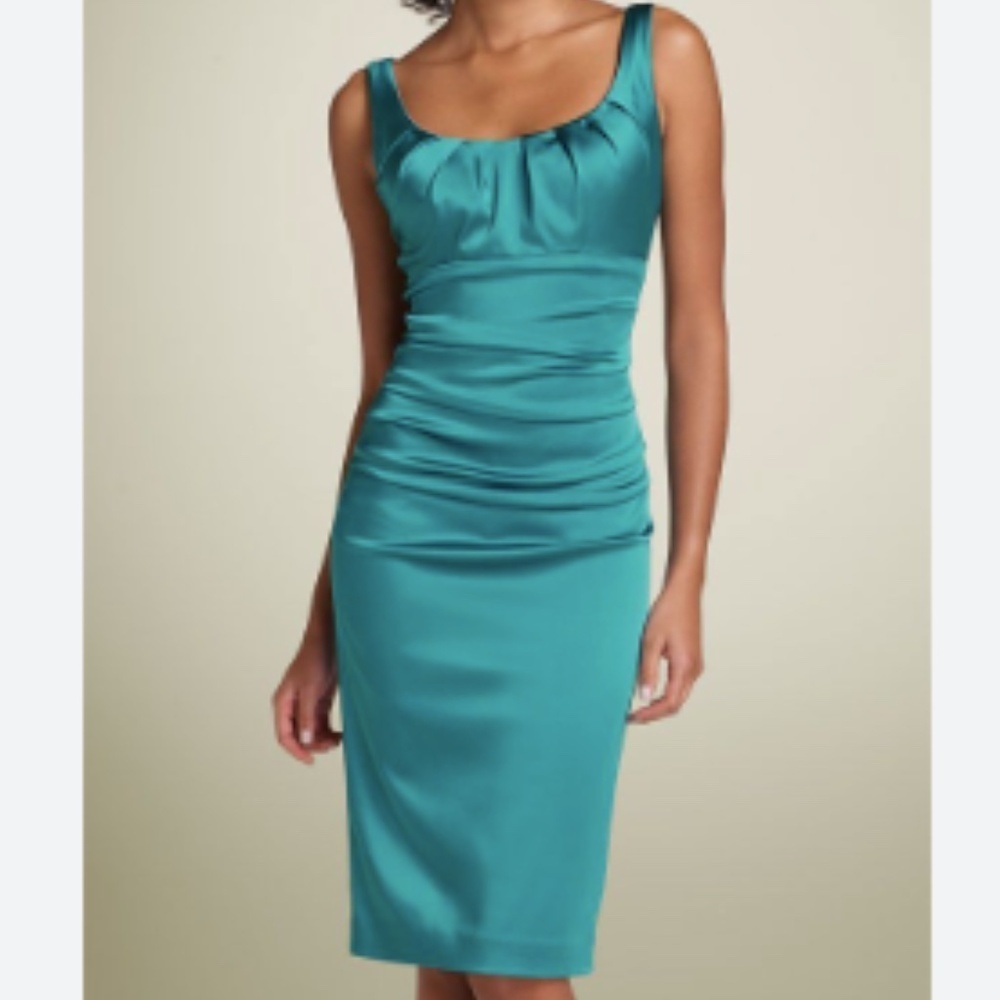 Suzi Chin For Maggy Boutique Aqua Blue Satin Retro Ruched Cocktail Dress Size 4